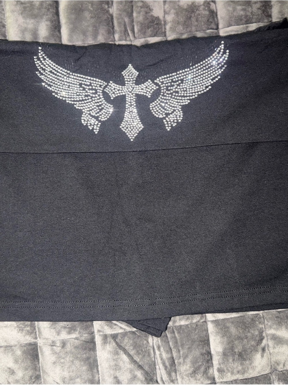 Black Women's Mini Skirt with Rhinestone Cross & Wings